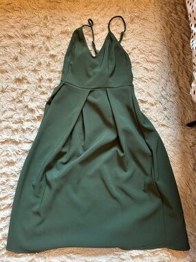 Forest Green V-Neck Midi Dress with Spaghetti Straps